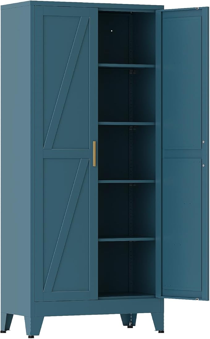 COFaR 71 in Tall Metal Storage Cabinet, Metal Cabinet with 3 Adjustable Shelves and Barn Doors, Farmhouse Cupboard Storage for Kitchen Pantry Garage, Peacock Blue 5-Tier