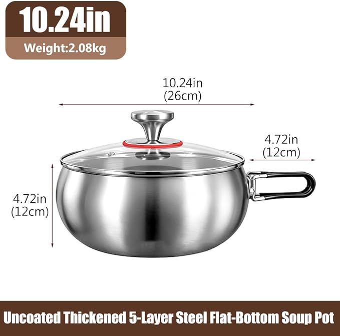 Thickened Multi-Layer Stock Pot, Stainless Steel Camping Cook Pot with Lid and Folding Handle, Scratch-Resistant Non Stick Frying Pans, Even Heating for Cooking,10.24IN