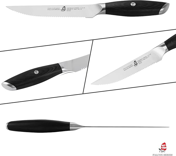 TUO Steak Knives - 4 Piece Steak Knife Set, Serrated Edge Steak Knives 5 inch Kitchen Knife - German High Carbon Stainless - Full Tang Pakkawood Handle - Falcon Series with Gift Box