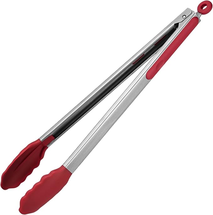 600쨘F Heat Resistant Kitchen Tongs: U-Taste 16 inch Extra Long Large Silicone Cooking Tong with Sturdy Non Stick Rubber Tips & Non Slip Silicon Coated 18/8 Stainless Steel Handle for Grilling BBQ(Red)