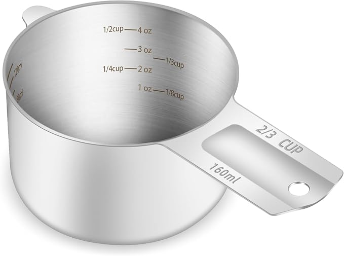 BERYLER 1PCS 2/3Cup (160ml, 5.3oz) Single Measuring Cup, Etched Inner Scale Stainless Steel Measure Scoop, Metric and US Measurement, Dishwasher Safe