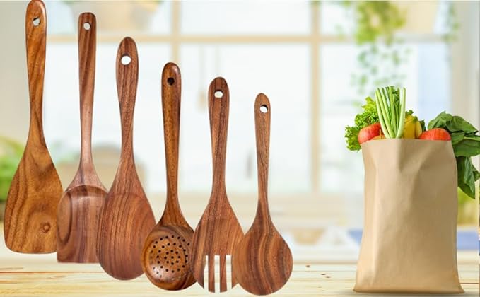 Wooden Spoons for Cooking - 6Piece Kitchen Utensils Set -Nontoxic Wooden Utensil Set -Heat Resistant Cooking Spoons - Wooden Spatula for Cooking - Teak Wood Utensils Set for Cooking - Wood Spoon