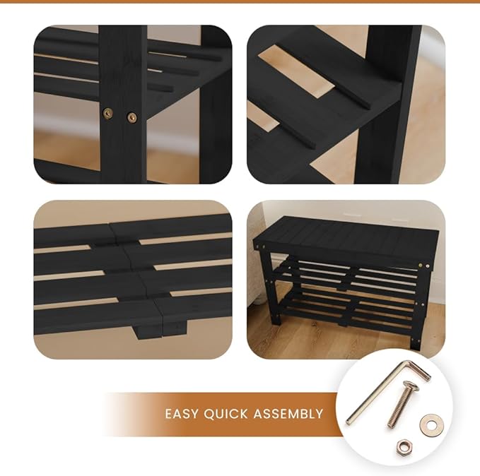 Leaf & Grain Bamboo Shoe Rack - Shoe Storage Bench for Front Door Entrance ??Entryway Bench with Shoe Shelf, Shoe Storage Organizer, Wooden Shoe Rack, Durable Shoe Bench for Home (Black)