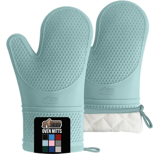 GORILLA GRIP BPA-Free Soft Silicone Oven Mitts, Heat Resistant and Waterproof Cooking Gloves, Thick Cotton Lining, Flexible Gripping for Baking Grilling, Kitchen Potholders Set of 2, 12.5x8.3, Mint