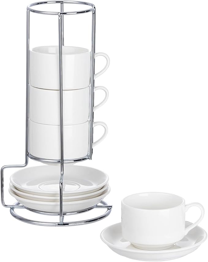 2.5oz Espresso Cups Set of 4, Small Stackable Coffee Cups with Saucers and Metal Stand, Ceramic Demitasse Cups, Cappuccino Cups for Coffee Drinks, Latte, White