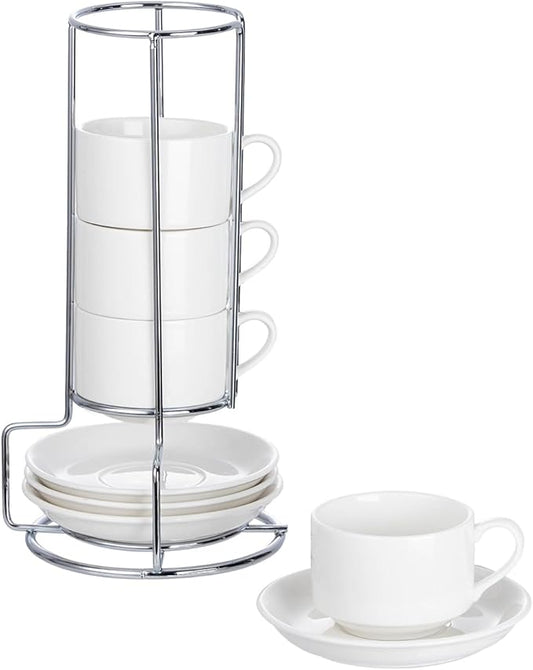 2.5oz Espresso Cups Set of 4, Small Stackable Coffee Cups with Saucers and Metal Stand, Ceramic Demitasse Cups, Cappuccino Cups for Coffee Drinks, Latte, White