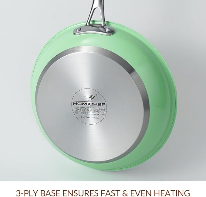 HOMICHEF 9.5 Inch Mint Green Nickel Free Stainless Steel Fry Pan - Non Toxic No Coating Flat Bottom Induction Skillet - Family Size Healthy Cooking Pan