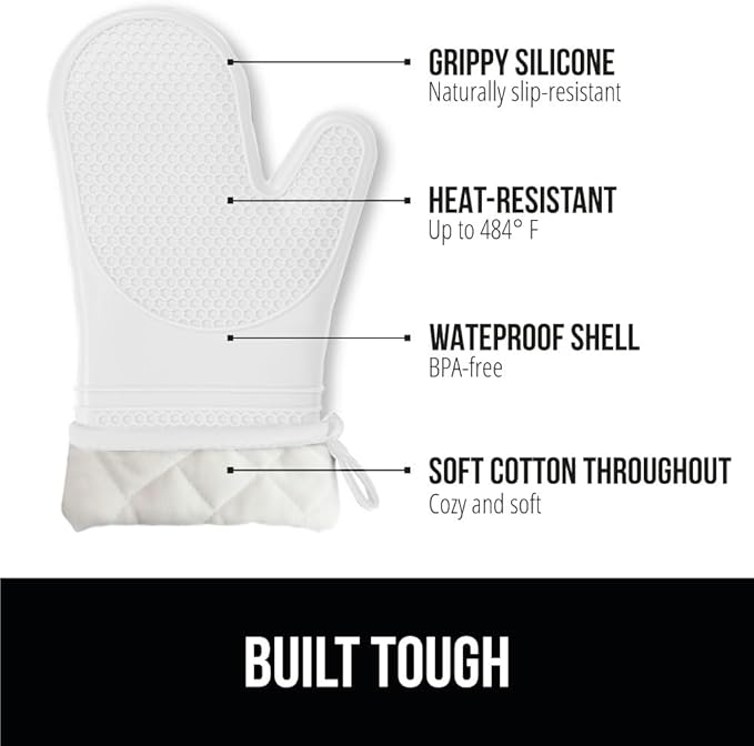 GORILLA GRIP BPA-Free Soft Silicone Oven Mitts, 14.5x8.3, Heat Resistant and Waterproof Cooking Gloves, Thick Cotton Lining, Flexible Gripping for Baking Grilling, Kitchen Potholders Set of 2, White