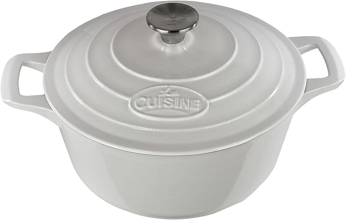 La Cuisine Enameled Cast Iron Dutch Oven Casserole Dish Pot with Lid 5 QT 10.3" /26cm Cream White Enamel Coating Interior, White Enamel Coating Exterior, Oven Safe up to 500째 F