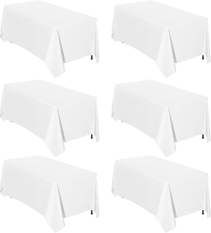 Easy-Going 6 Pack White Tablecloths 90x132 Inch for 8 Ft Rectangle Table, Washable Polyester Waterproof Stain Resistant Table Cloth, Decorative Table Cover for Kitchen, Dining Tables, Events