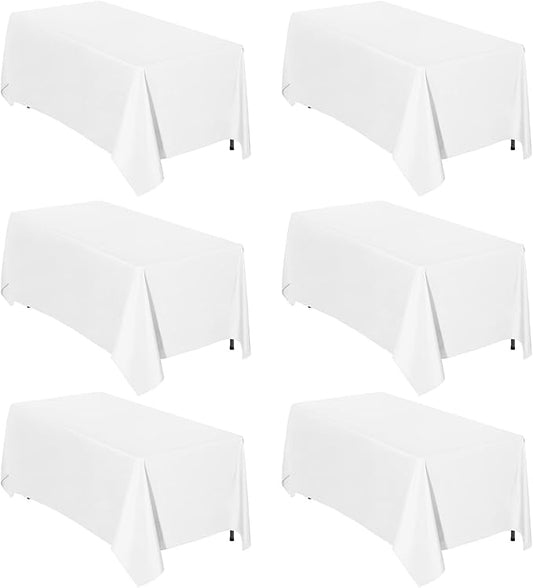 Easy-Going 6 Pack White Tablecloths 90x132 Inch for 8 Ft Rectangle Table, Washable Polyester Waterproof Stain Resistant Table Cloth, Decorative Table Cover for Kitchen, Dining Tables, Events