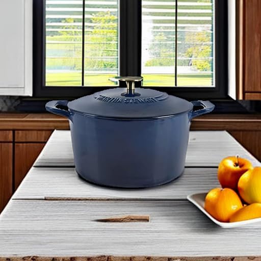 MARTHA STEWART Gatwick 7-Quart Enamel Cast Iron Dutch Oven Pot with Lid ??Navy Blue with Gold Knob ??Durable Heavy-Duty Dutch Oven for Slow Cooking & Braising