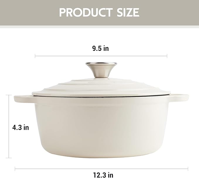 4.5 Quart Dutch Oven Enameled Cast Iron with Lid - Big Dual Handles - Oven Safe up to 500째F - Classic Round Pot for Versatile Cooking Cream