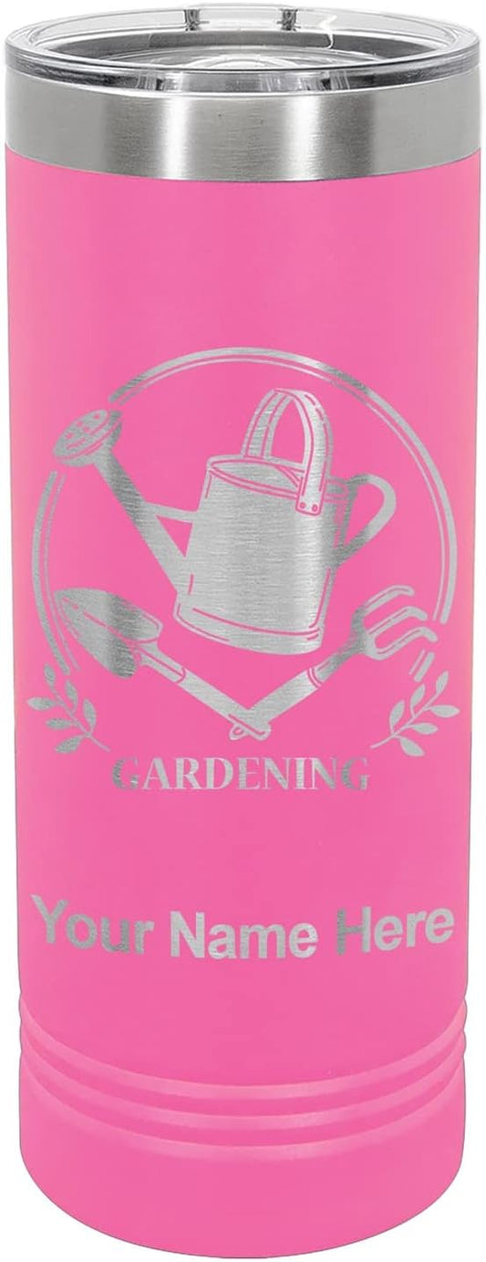 LaserGram 22oz Vacuum Insulated Skinny Tumbler, Gardening, Personalized Engraving Included (Pink)