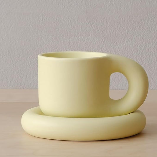 WENSHUO Chubby Funny Coffee Mug, Novelty Cute Cup and Saucer, Matte Yellow, 9 oz