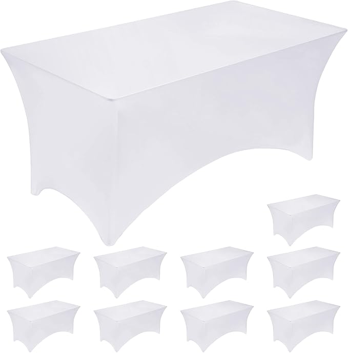 Fixwal 8FT Spandex Table Cover, 10 Pack Fitted Rectangular Stretch Tablecloth, Washable Patio Table Cover(White, 96Lx30Wx30H Inch)