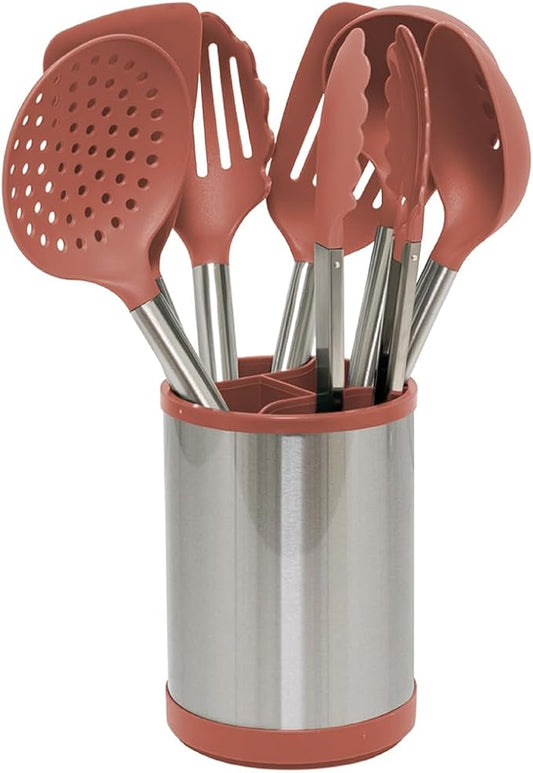 Glad Kitchen Utensils Set, 8pcs - Nonstick Cooking Tools with Stainless Steel Handles & Rotating Utensil Holder - Turners, Ladle, Spoon, Tongs, Spaghetti Server, and Skimmer - Dishwasher Safe, Rust