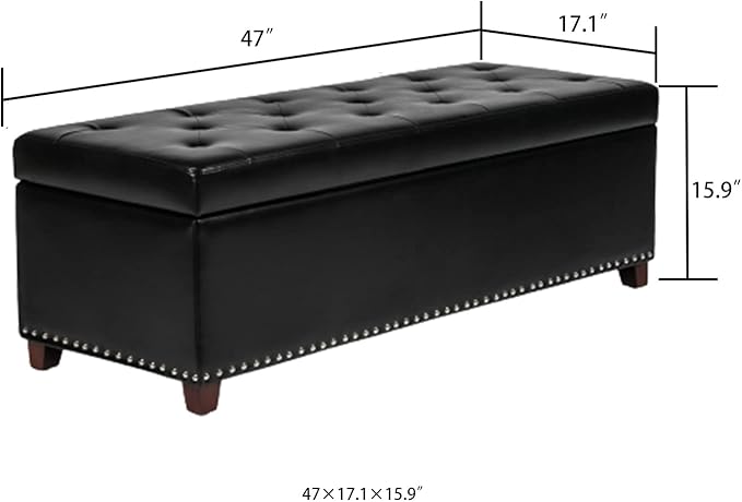 Joveco 47 Inch Storage Ottoman Bench,Tufted Leather Storage Bench with Nailhead Trim for Bedroom (47??Black)