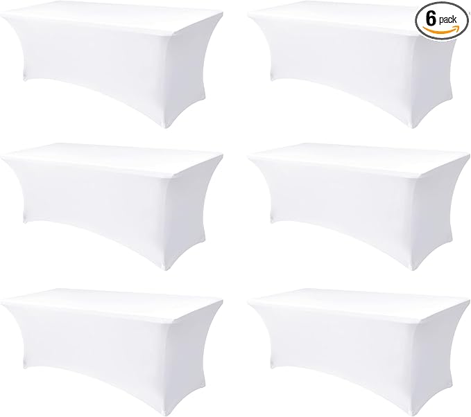 Enjoyidea Spandex Table Cloths for 8 Foot Rectangle Tables-6 Pack Fitted Stretch White Table Covers-Elastic Folding Tablecloths for Party, Vendor Booth Display, Banquet Buffet Event, Craft Trade Show