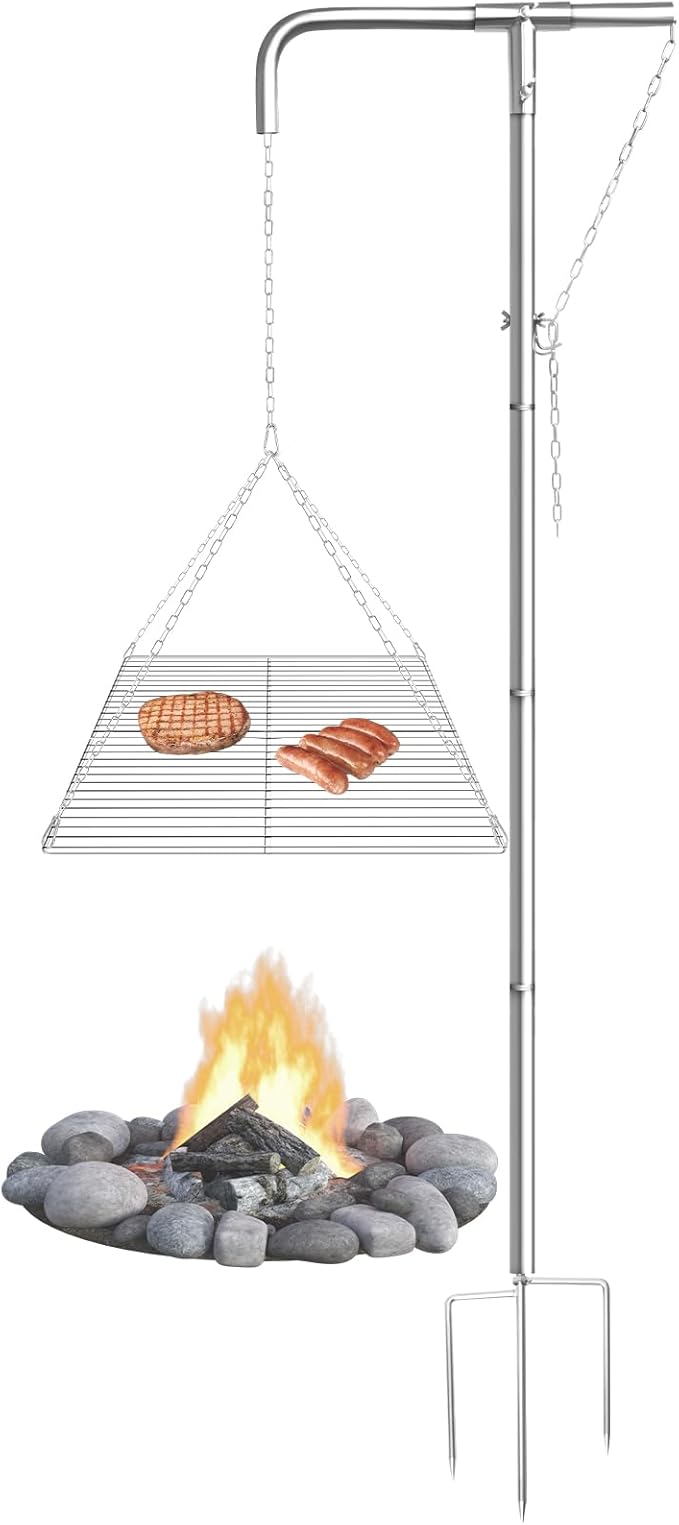 Stainless Steel Campfire Grill - Adjustable Height,360째 Rotatable & Foldable Camp Fire Cooking Equipment,Heavy Duty Portable Outdoor Open Flame Grilling Rack for Camping