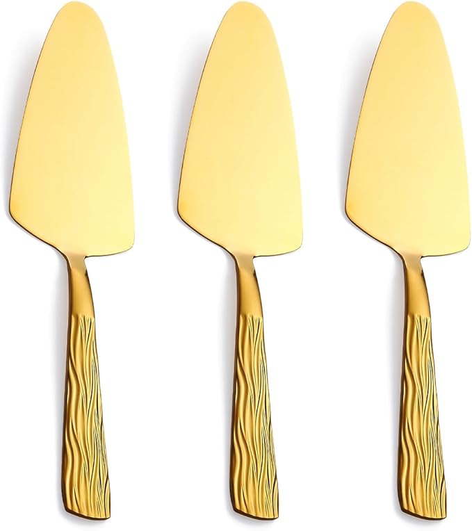 Gold Cake Pie Server, 9.3-inch Stainless Steel Pizza Pie Pastry Server, Set of 3, Cake Serving Set with fashion patterns, Dishwasher Safe