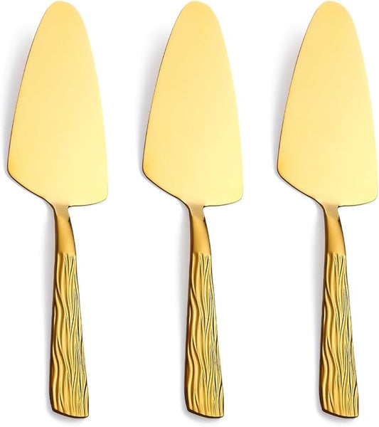 Gold Cake Pie Server, 9.3-inch Stainless Steel Pizza Pie Pastry Server, Set of 3, Cake Serving Set with fashion patterns, Dishwasher Safe