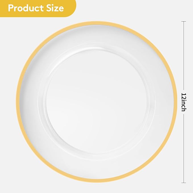 Goodluck 25 Pack Reusable Plastic Clear Charger Plates with Gold Rim, 12-Inch, for Dinner, Wedding, Party, Event Table Decoration, Clear&Gold