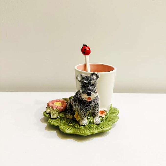 Ceramic Animal Coffee Mug Cup and Saucer Set竊?00ML(6.8OZ) 3D Hand-painted Tea Cup with Spoon (Grey)
