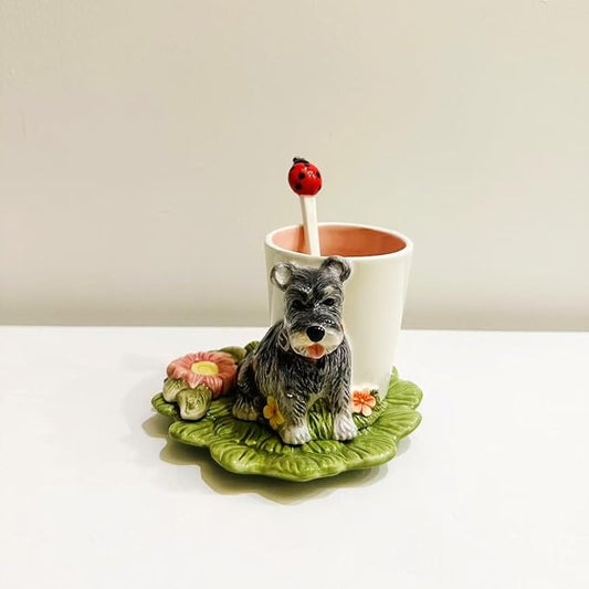 Ceramic Animal Coffee Mug Cup and Saucer Set竊?00ML(6.8OZ) 3D Hand-painted Tea Cup with Spoon (Grey)