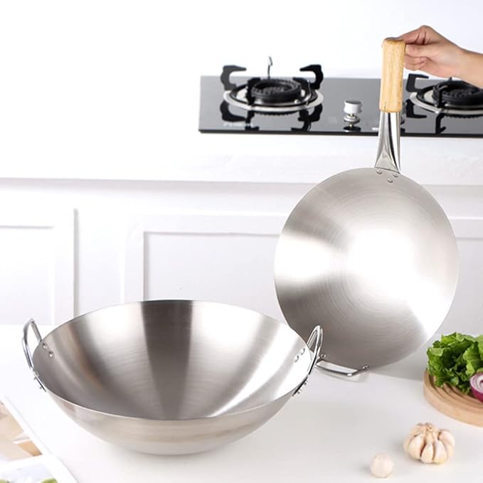 STOBOK Pots Wok Pan 28cm Double Handle Wok Stainless Steel Fry Pan Large Capacity Saute Pan Round Bottom Multipurpose Stewpot Skillet Works for Gas Cooktops Electric Frying Pan