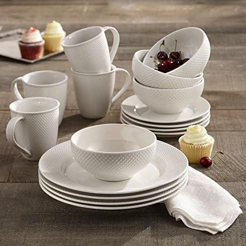 Elle D챕cor Round Dinnerware Set ??16-Piece Porcelain Dinner Set w/ 4 Dinner Plate, 4 Salad Plates, 4 Bowls & 4 Mugs ??Unique Gift Idea Any Special Occasion or Birthday