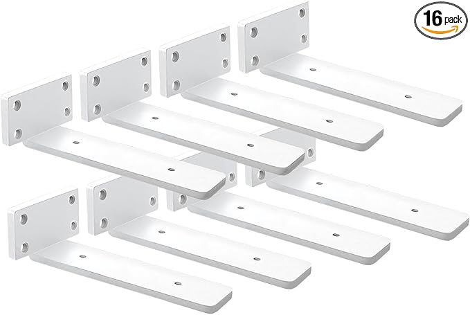 8 Pack Shelf Brackets White 8 Inch Floating Shelf Bracket 1/5 inch Thick Heavy Duty Hidden Shelf Brackets Iron Metal Brackets for Shelf Support with Screw Included
