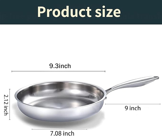 DELARLO Tri-Ply Stainless Steel 9.3 Inch Frying Pan with Lid, 18/10 Stainless Steel Skillet, Heavy Duty, Compatible for Induction, Ceramic, Electric, Gas Cooktops Up to 600?? Fast & Even Heat