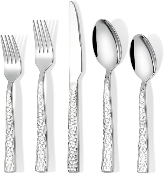 60 Piece Silverware Set for 12, Amafox Stainless Steel Hammered Flatware Set, Kitchen Utensil Cutlery Silverware Set Include Fork Spoon Knife, Mirror Finished Silverware Sets, Dishwasher Safe