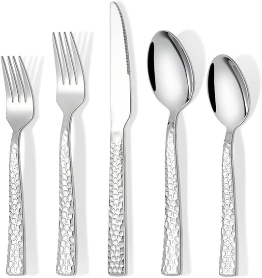 60 Piece Silverware Set for 12, Amafox Stainless Steel Hammered Flatware Set, Kitchen Utensil Cutlery Silverware Set Include Fork Spoon Knife, Mirror Finished Silverware Sets, Dishwasher Safe