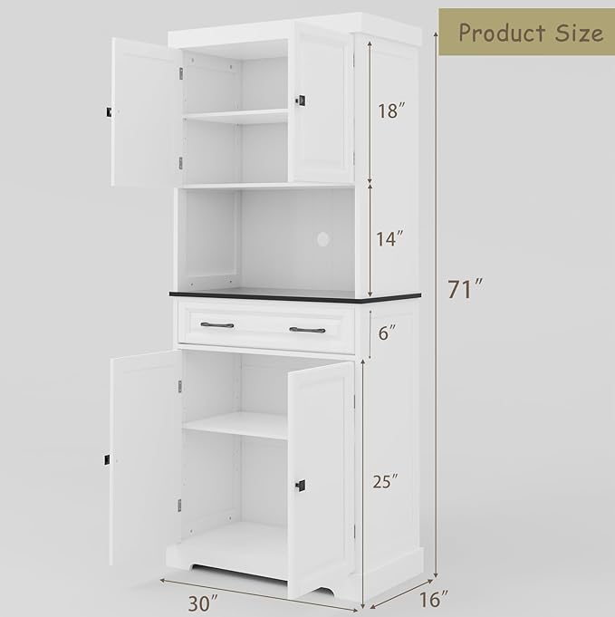 71" Kitchen Pantry Cabinet with Drawer, Kitchen Hutch Cabinet with 4 Doors, Wire Hole & Adjustable Shelves, Tall Bathroom Cabinets Freestanding Cupboard White Wood Storage Cabinets
