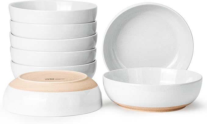 Pasta Bowls Set of 8, 34oz Speckled Ceramic Bowls Set for Serving Salad, Pasta, Soup, Dinner, 8" Wide and Deep Bowls, Dishwasher & Microwave Safe, Matte Terracotta Base (Pure White)