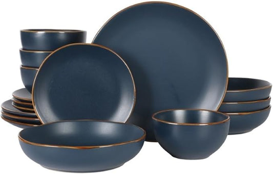 Gibson Home Hazeltine 16-Piece Navy Blue Stoneware Dinnerware Set ??Plates and Bowls, Durable Ceramic Kitchen Dinner Set