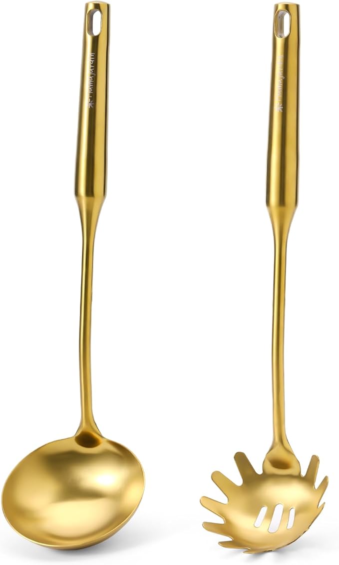 Gold Soup Ladle and Spaghetti Spoon Set - 18/10 Stainless Steel Soup Spoon竊똏asta Strainer, 13.8" Kitchen Utensils for Cooking竊똕tirring, Serving Pasta, Soup & Sauce, Christmas Gifts
