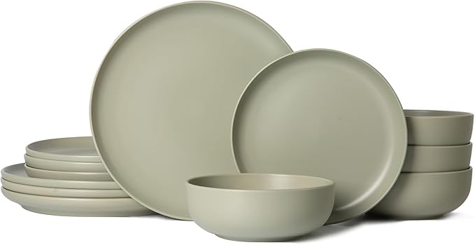 Furrnook 12-Piece Stoneware Dinnerware Set with Mugs | Microwave and Dishwasher Friendly | Stackable Matte Glaze Plates & Bowls | Service for 4
