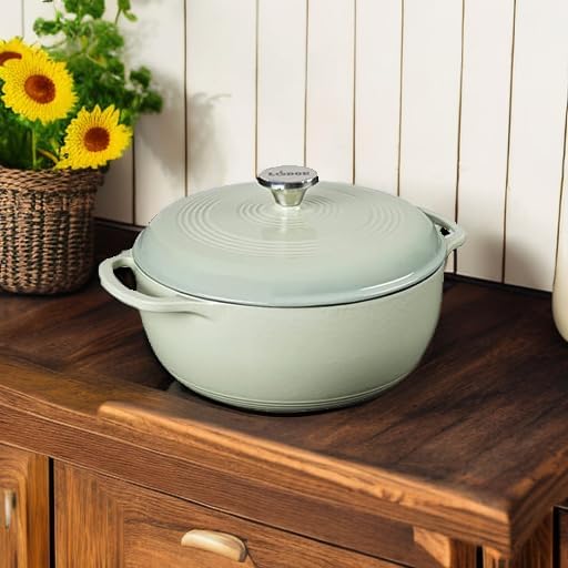 Lodge 6 Quart Enameled Cast Iron Dutch Oven with Lid ??Dual Handles ??Oven Safe up to 500째 F or on Stovetop - Use to Marinate, Cook, Bake, Refrigerate and Serve ??Desert Sage