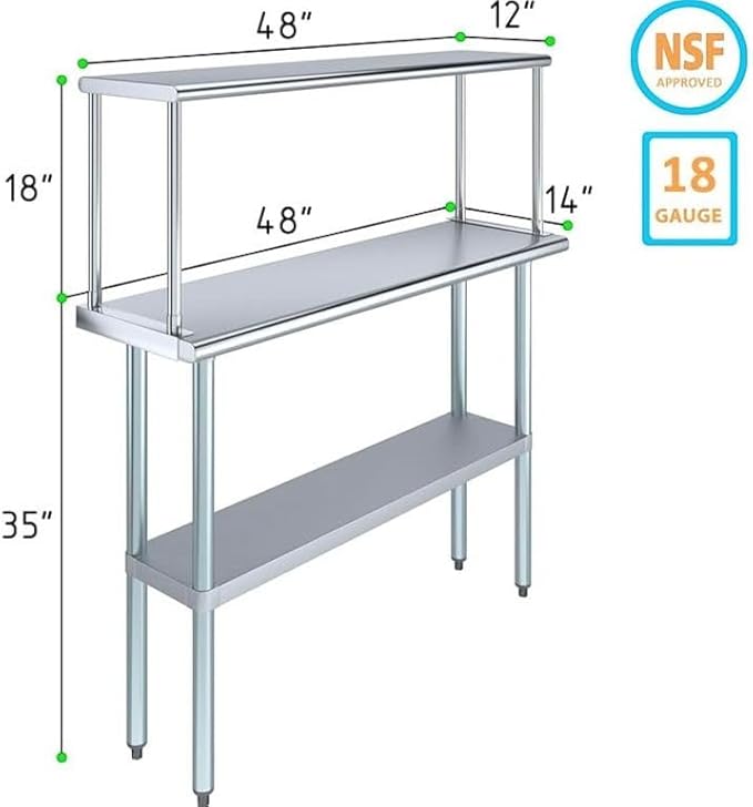 Stainless Steel Work Table & Shelving Combo - 14" x 48" Work Table + 12" Overshelf