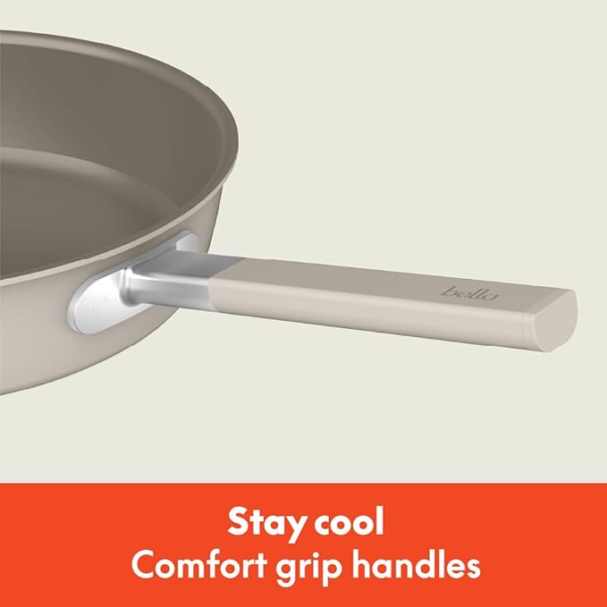 bella 9 Piece Ceramic Nonstick Cookware Set, Fits-anywhere??Kitchenware w EverGood??Coating, Dishwasher & Oven Safe, All Stovetops Compatible, Stackable Design, Cool Touch Handles, Oatmilk