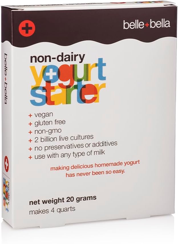 Belle + Bella Non-Dairy Vegan Yogurt Starter - Gluten Free, No Added Sugar, Non GMO - Makes 4 Quarts Vegan Yogurt - 2 Billion Live Cultures - Mix with Any Dairy Free or Dairy Milk - 1 Box