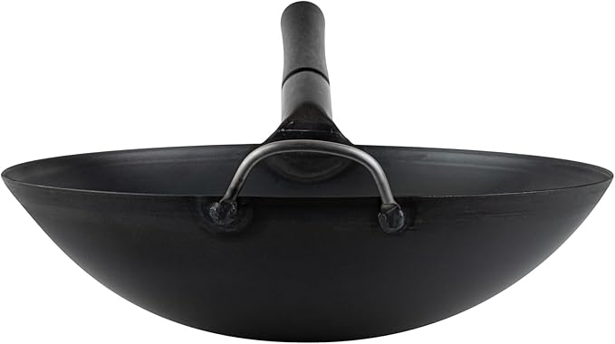 Restaurantware Carbon Steel Wok 1 Pack of 14 Inch Heavy-Duty Uniform Heat Distribution Pan Induction Compatible Round Bottom Wok Welded Handle Black For Gas Stovetops And Grills