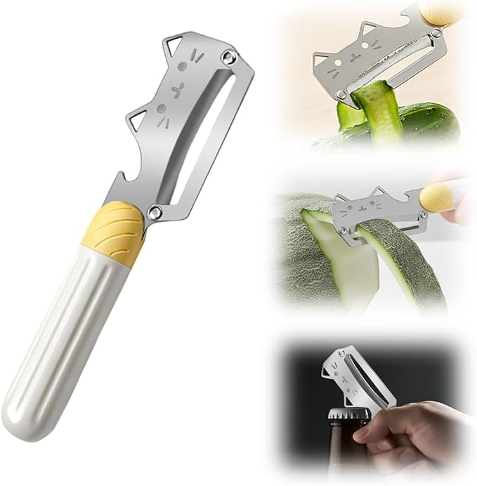 Thickened wooden handle fruit peeler, Stainless Steel Sharp Blades Carrot Potato Peeler with Wooden Handle and Bottle Opener Kitchen Tool for Fruit Veggie Pumpkin Papaya Zucchini (1 Pcs)