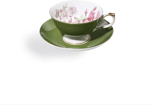 Aynsley Elizabeth Rose Fine Bone China Teacup and Saucer Set - 6.76oz Hand-Painted Gold-Trimmed Floral Vintage Set, Fancy Gift for Christmas/Wedding/New Year(Green)