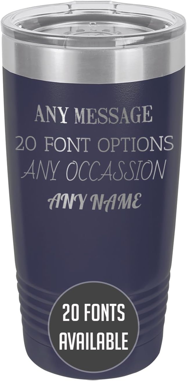 Personalized 20oz (17 Colors) Powder Coated Insulated Stainless Steel Tumbler with Lid, Custom Etched, Customized Text Message Name, Engraved Gift Idea Women Men Him Her, Your Text Here (Navy Blue)