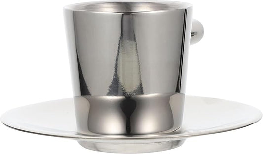 Double Layer Stainless Steel Espresso Coffee Cup and Saucer Set 80Ml Compact Tea Cup for Afternoon Tea and Milk with Heat Insulation, Sturdy Metal Drinkware Kit