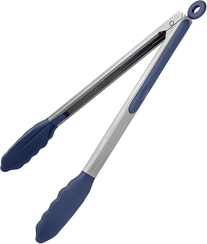 600쨘F Heat Resistant Kitchen Tongs: U-Taste 12 inch Large Silicone Cooking Tong with Non Stick Rubber Tips & Silicon Coated 18/8 Stainless Steel Handle & Smooth Lock for Serving Grill (Midnight Blue)